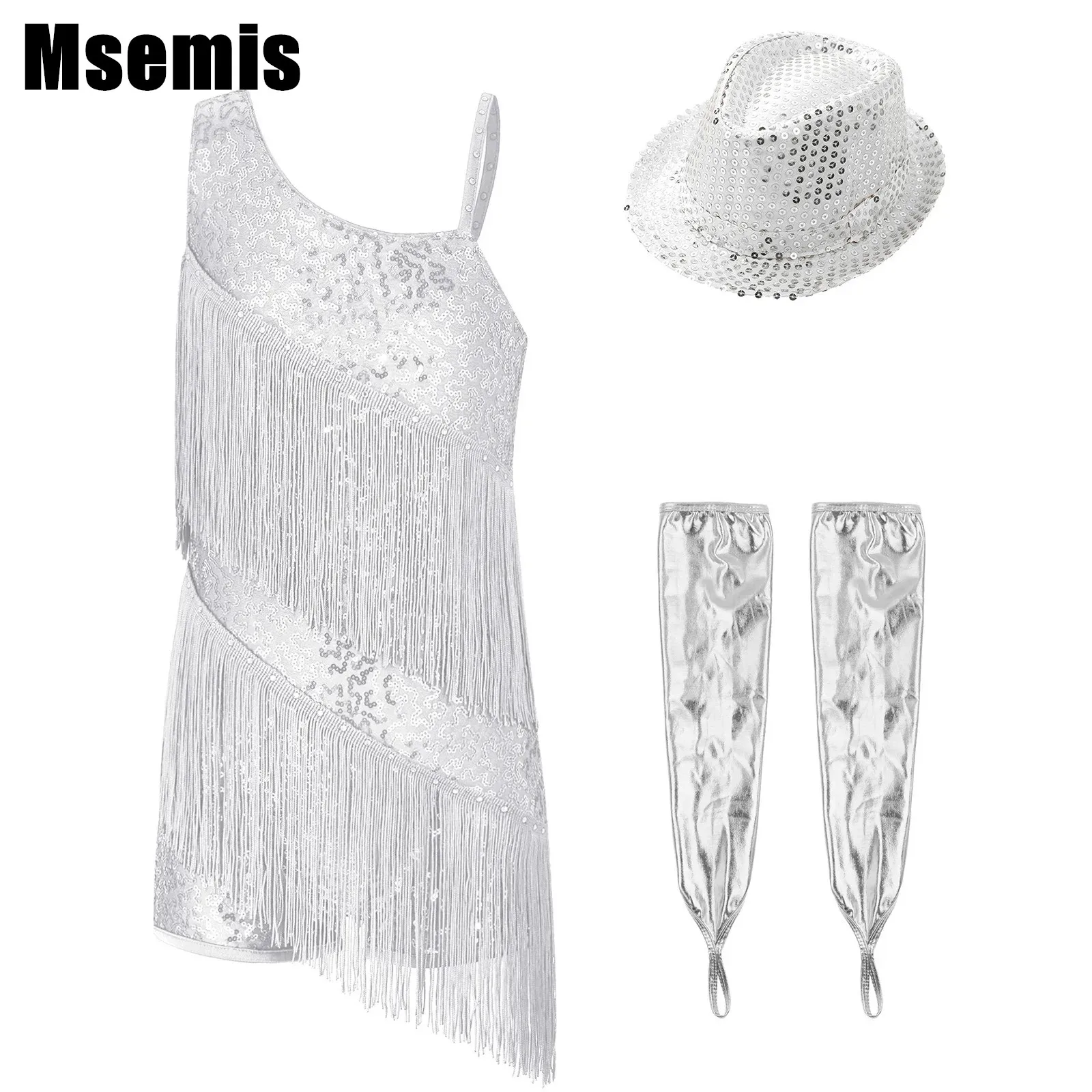 

Kids Girls Sequins Latin Dance Outfit Rhinestones Decorated Tassels Sequin Leotard with Metallic Gloves And Sequins Hat