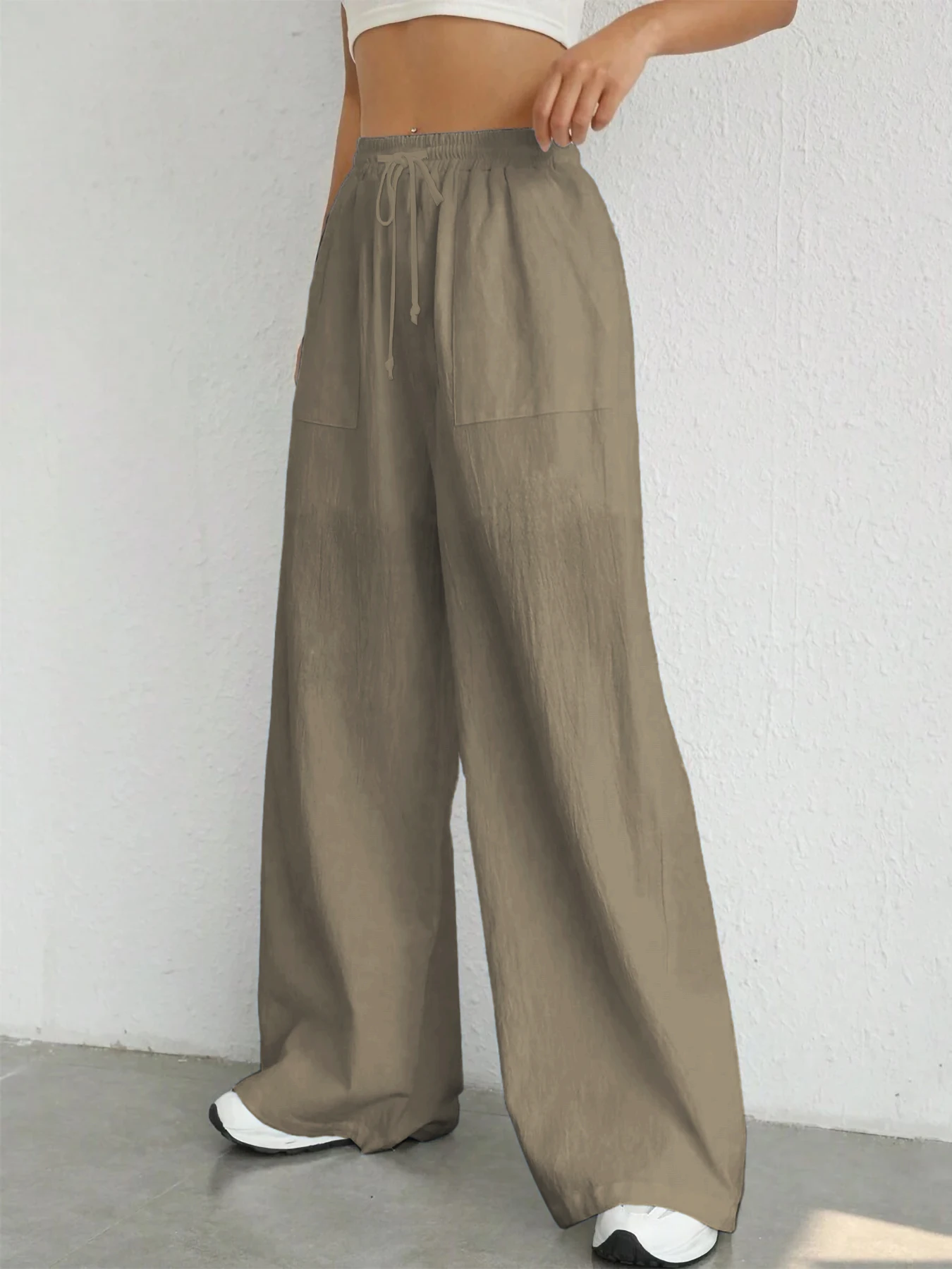 Damen-Hose in Unifarbe, lockere Hose mit weitem Bein, lässige Hose mit Kordelzug, gerade Hose mit Taschen, lässige Hose, lockere Hose mit hoher Taille – Detail 24