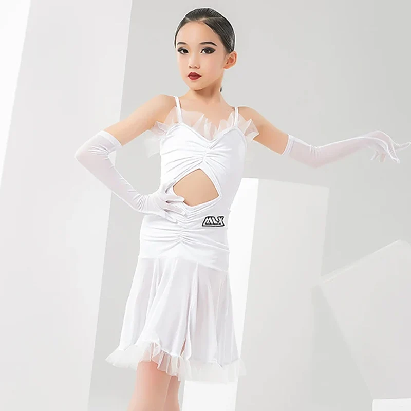 

Girls Latin Dance Competition Dress White/Black Samba Tango Practice Wear Children ChaCha Salsa Dancing Performance Wear YS3625