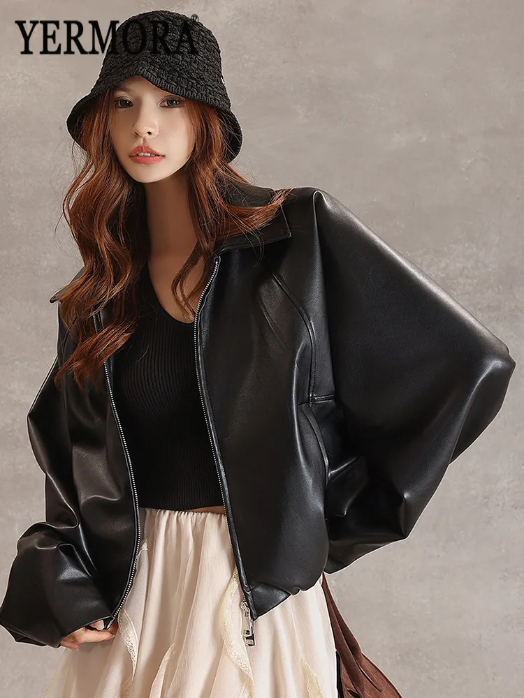 

YERMORA Black PU Leather Zipper Brief Casual Jacket For Women Lapel Long Sleeve Loose New Coat Fashion Tide Spring Autumn 2025