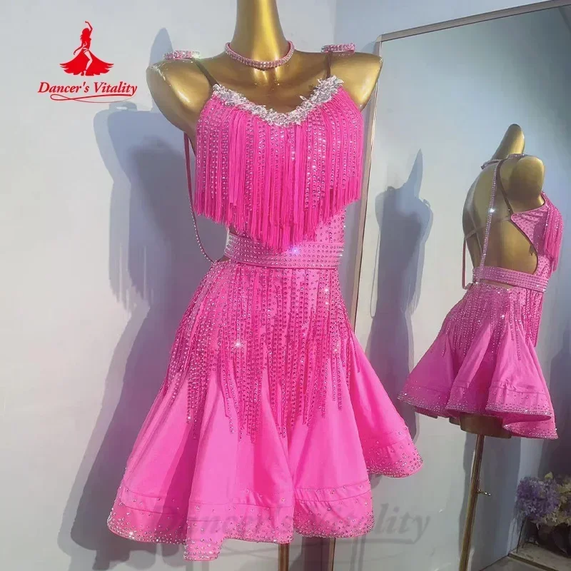 

Платья для выступлений в латинских танцах, роскошное платье с кисточками и бриллиантами на заказ, наряд для соревнований по танго-самбе для взрослых и детей