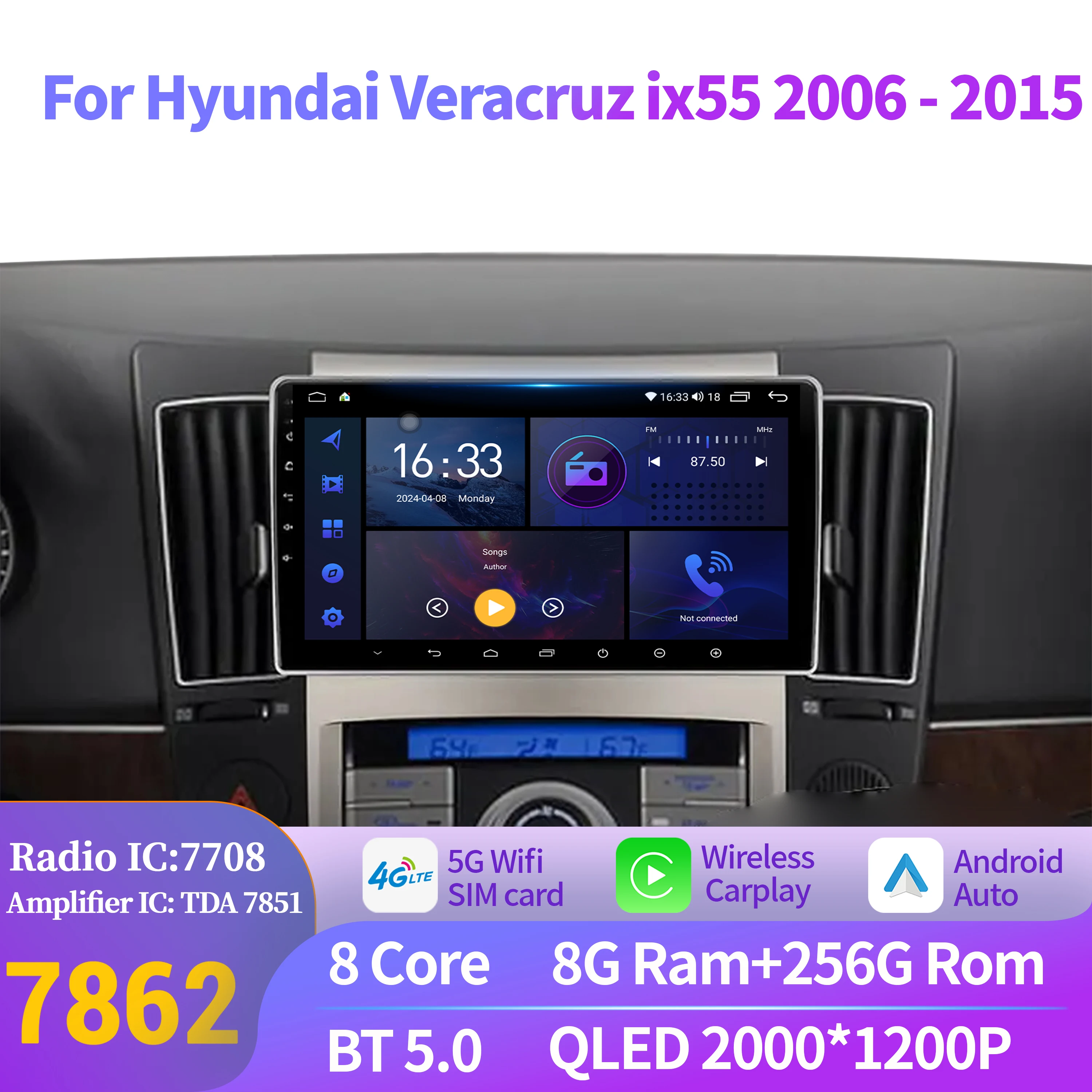 

Android 14 For Hyundai Veracruz ix55 2006-2015 Auto Car Radio Multimedia Navigation Wireless BT Carplay 2K QLED Screen