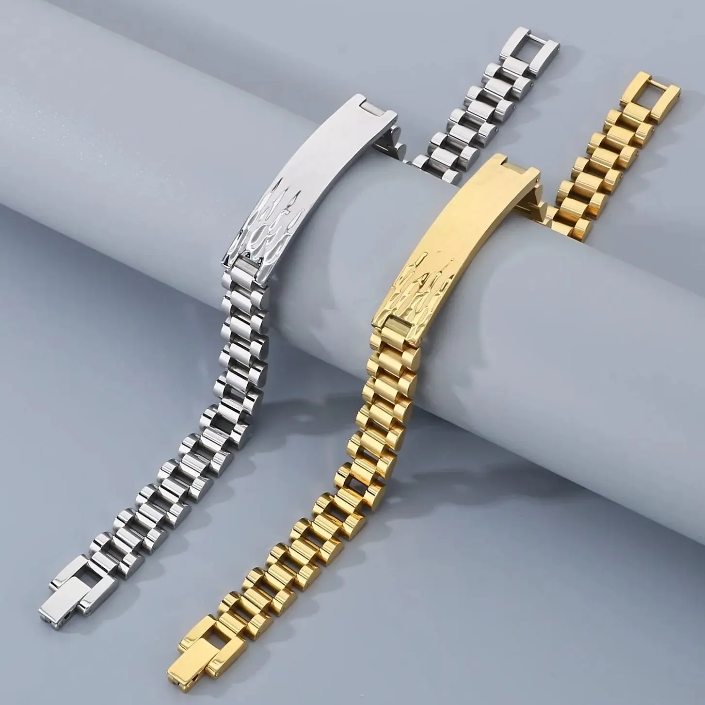 HaoYi 10mm Wide Fahion Personality Hip Hop Stainless Steel Bracelet Belt Chain Polished Face Silver Gold Color Men Jewelry