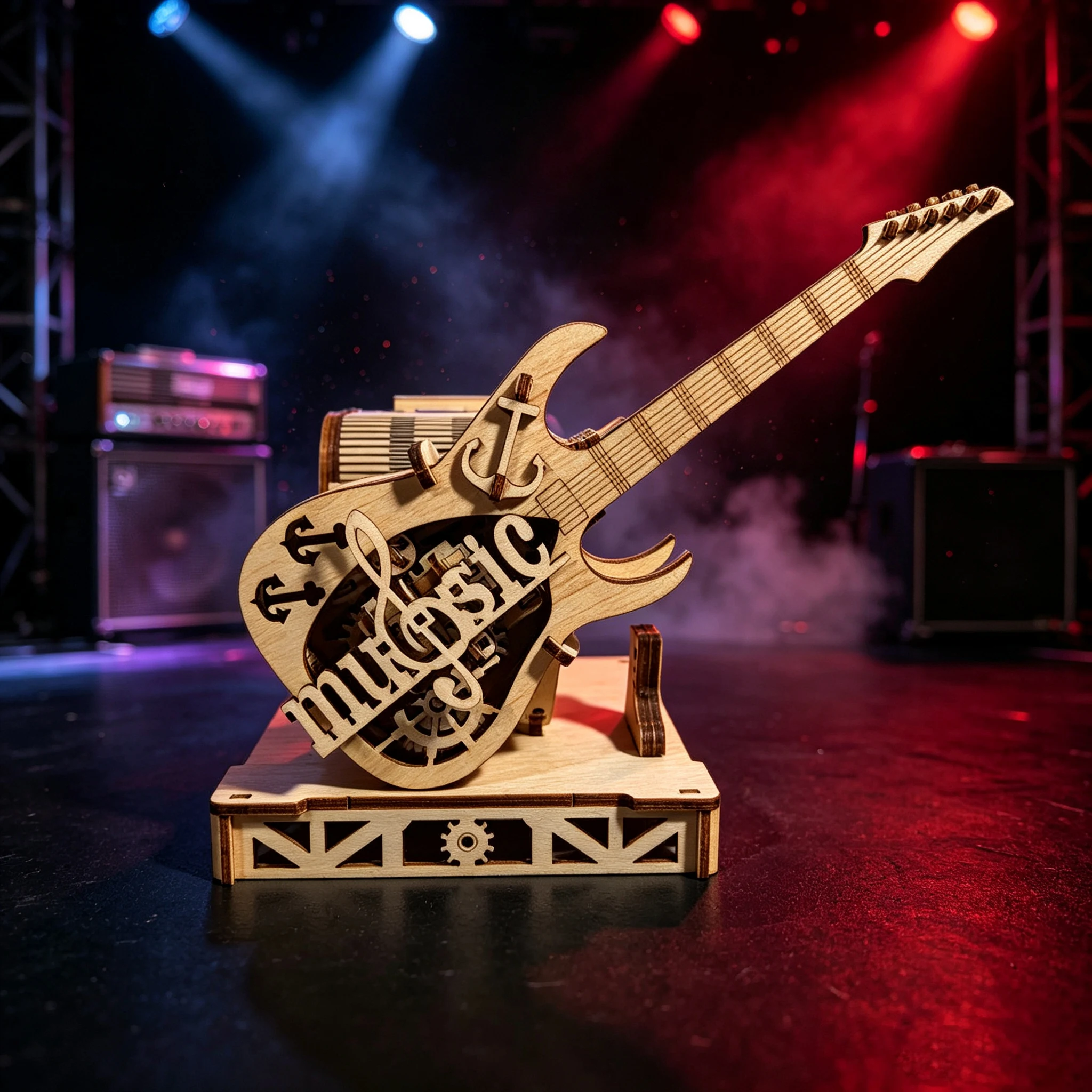 3D Wooden Electric Guitar Music Box Decorative Ornament, DIY Assembly Kit, Rock-Themed Decor, Great Gift Idea, Christmas Gift
