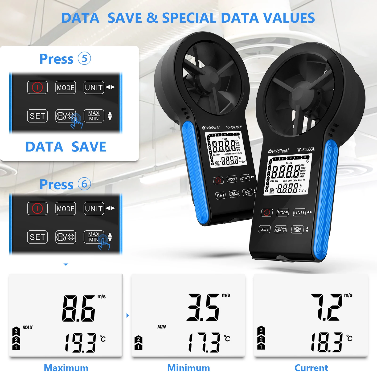 HoldPeak HP-6000GH Handheld HVAC Anemometer, CFM Wind Speed Meter Air Flow Gauge Measuring Device with Waterproof Touch Button