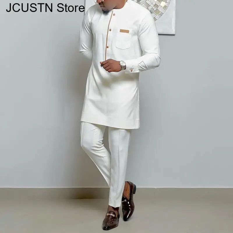 الرجال تيموس الزفاف بنطلون قميص قطعتين دعوى طويلة الأكمام حفلة العرقية الأفريقية نمط 2 قطعة عطلة حفلة فاخرة الرجال البدلة