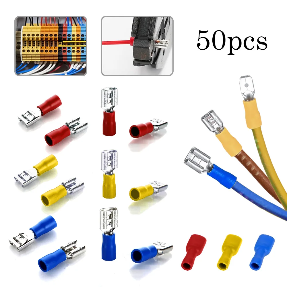 50Pcs Insulated Male Female Spade Crimp Connectors - Quick Splice Electrical Wire Terminals Kit for Automotive Home Wiring