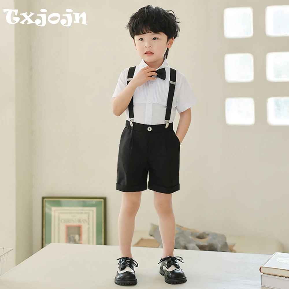 

Fast Ship Kids Overalls Sets 4 Pieces Shirt Short Pants With Straps Bow-tie Piano Performance Outfit,Handsome Smart Jumpsuit