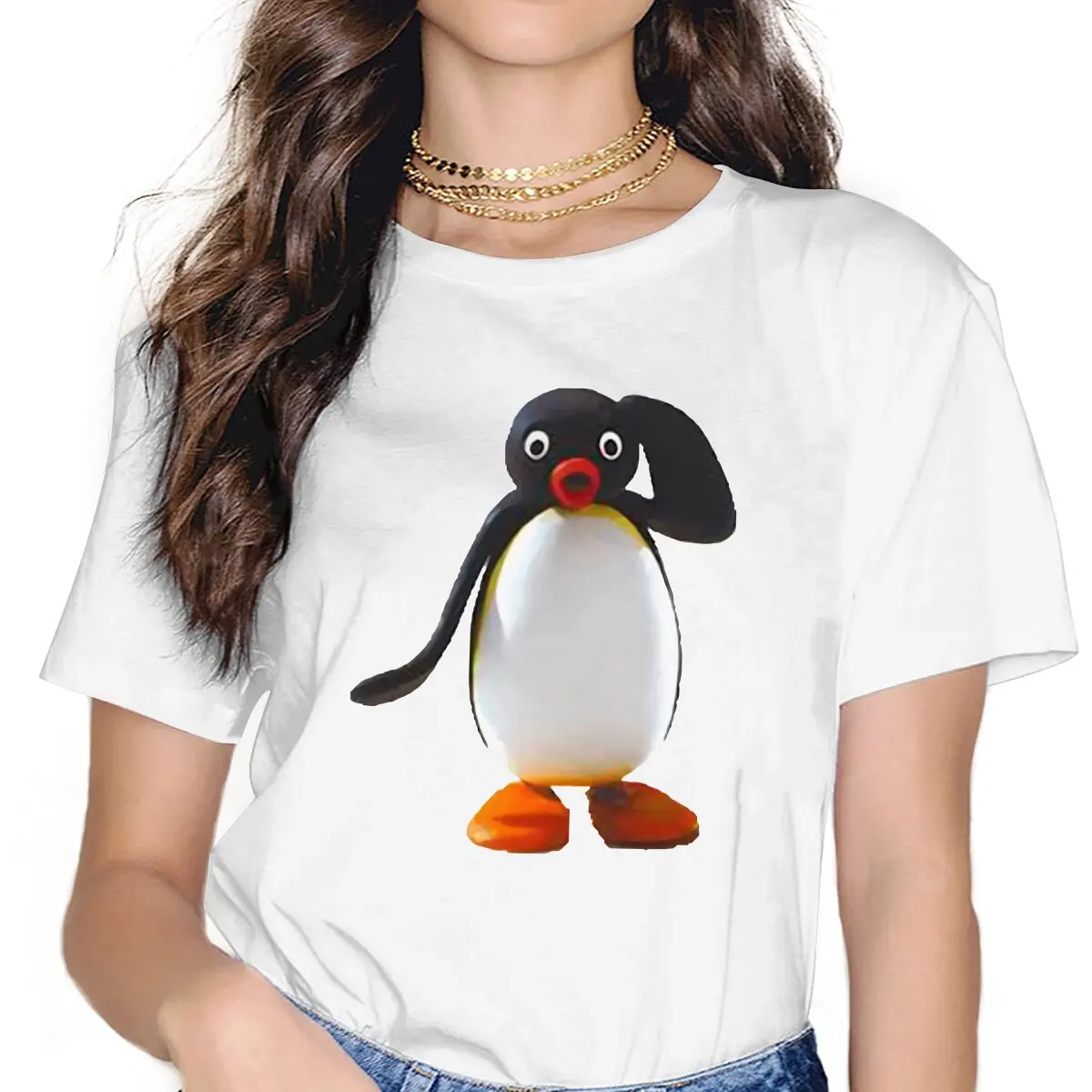 

Pingu Penguin Anime Surprised Tshirt Girl Tops Goth Summer Polyester Streetwear Femmes Harajuku T Shirt