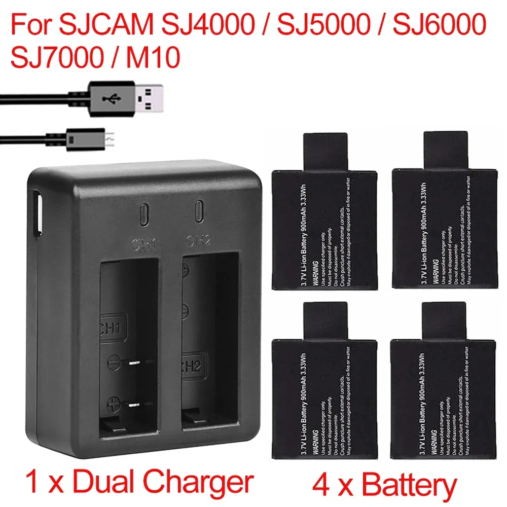 H  4Pcs 900mAh SJ4000 Camera battery +1 x Dual Charger For SJCAM SJ4000 SJ5000 SJ6000 SJ7000 SJ8000 M10 BATTERY