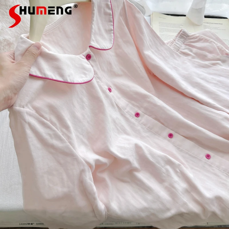 بيجامة من القطن الخالص بياقة الدمية الوردية للنساء لربيع وخريف ملابس منزلية جديدة طقم مكون من قطعتين من القطن بنمط ياباني 100%