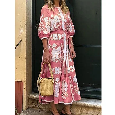 Print Jurk Boho Vrouwen Kanten Schouder Lange Jurken Strand Zomervakantie Feest Paarse Losse Leisure Maxi Vestidos Zomerjurk