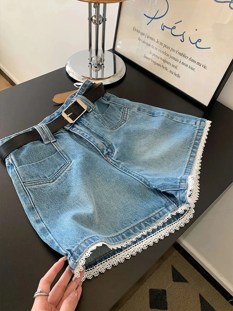 

Blue Lace Patchwork Denim Shorts Women Summer New Loose Without Belt Jeans Shorts Y2K High Waist Streetwear Wide Leg Jeans