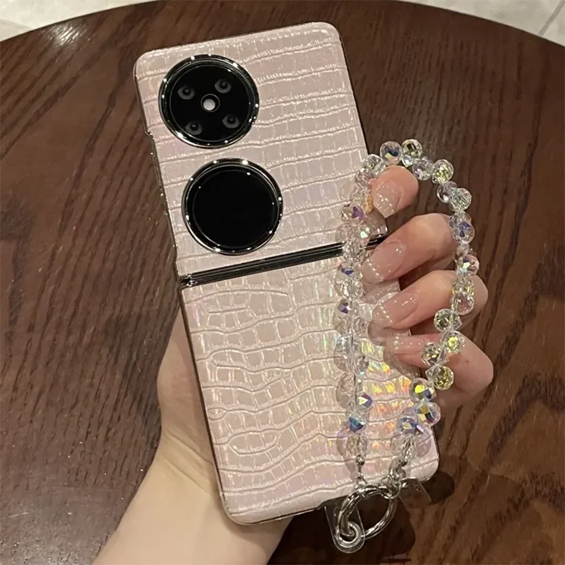 Pink Crocodile Texture Phone Case With Crystal Strap For Samsung Z Flip6 Zflip5 Huawei P50 Pocket/Pocket2/PocketS Foldable Cover