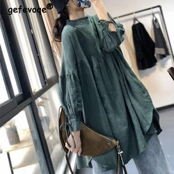 Women Japanese Vintage Lace-up Oversized Shirts Autumn Stand Collar Irregular Tunic Blouses Solid Long Sleeve Cotton Linen Tops