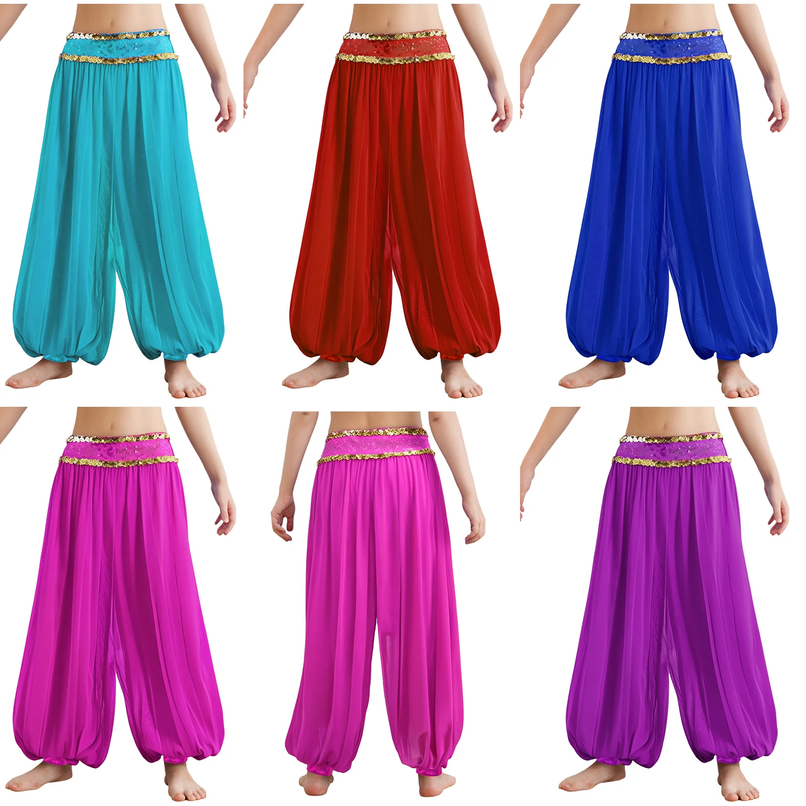 Shiny Sequins Belly Dance Stretchy Pants for Kids Girls Sheer Mesh Bloomers Halloween Theme Party Trousers Performance Costume