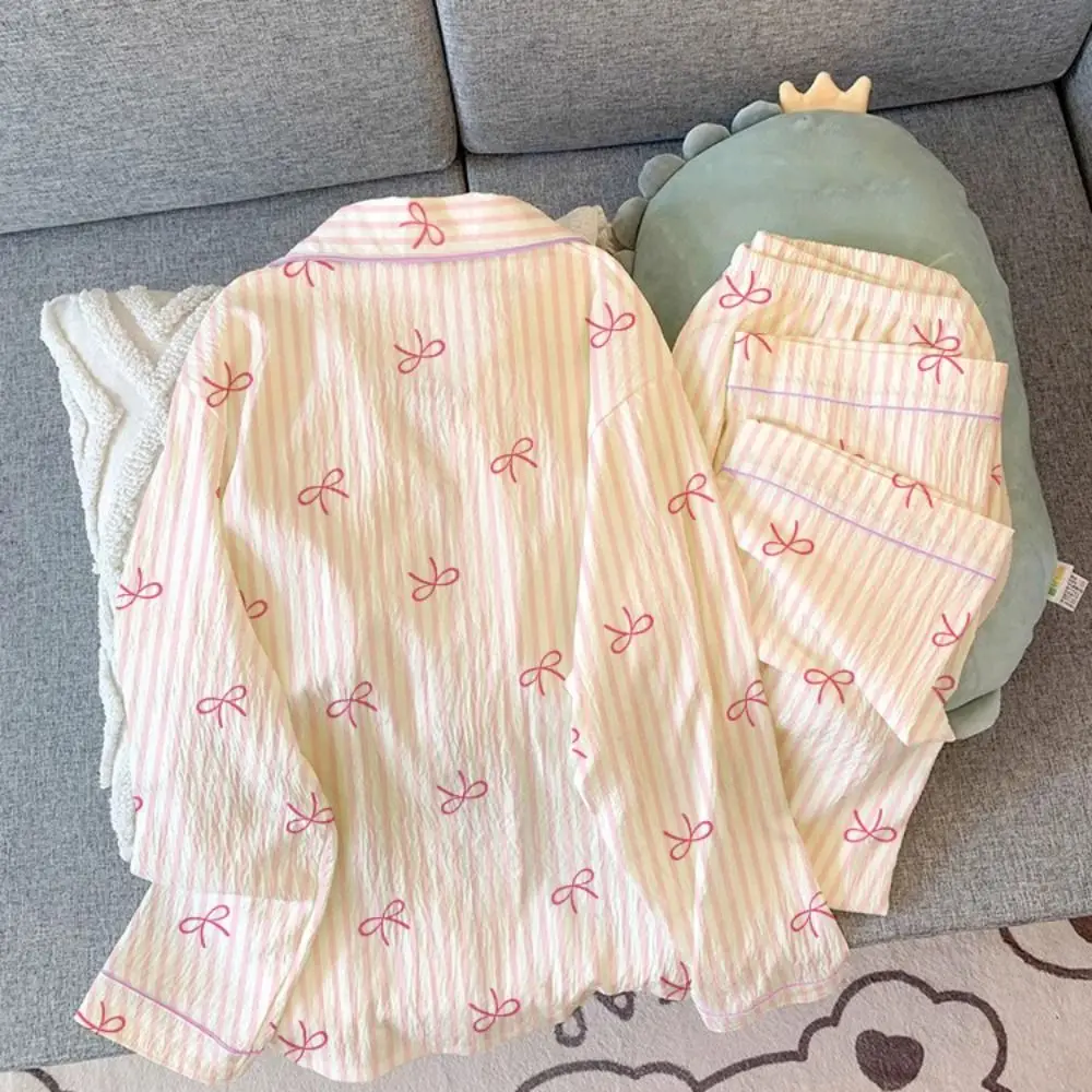 Mode Streifen Bogen Pyjamas Set Lose Beiläufige Lange Ärmel Pyjamas Hause Tragen Koreanischen Stil Zwei Stück Nachtwäsche Hause