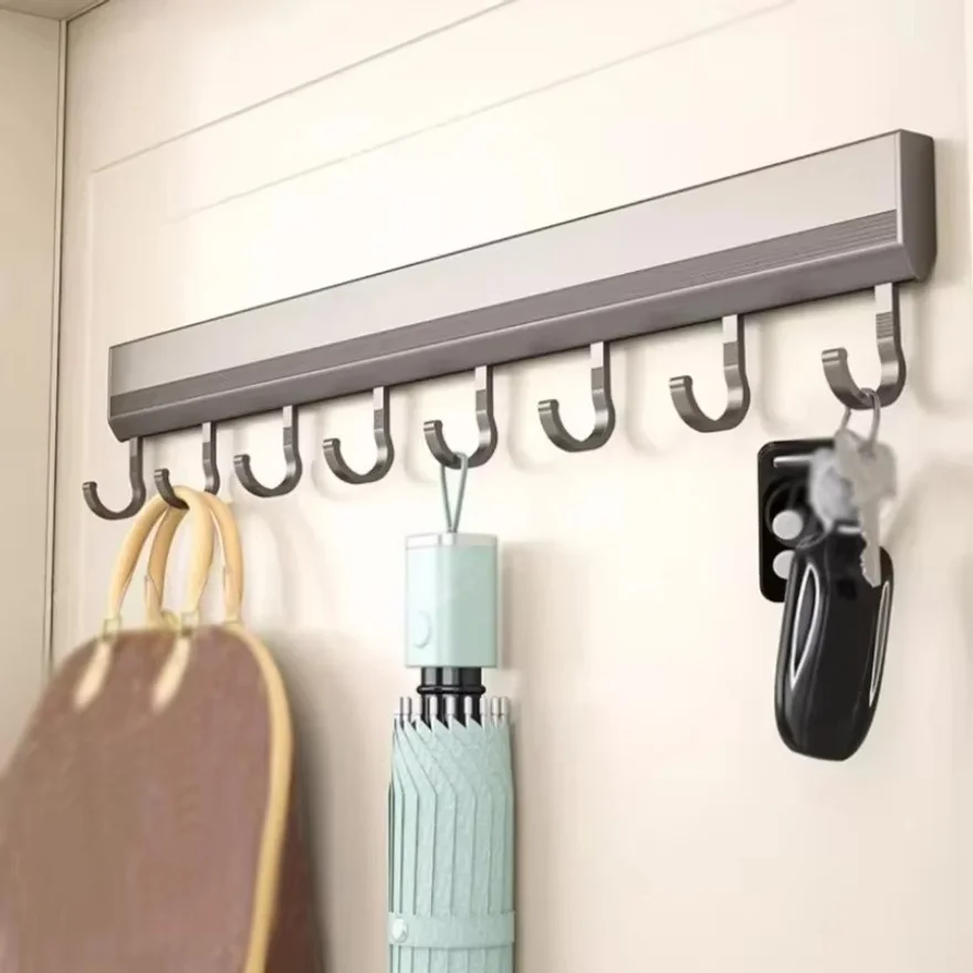 Kitchen Storage Rack Aluminum Alloy Hook Rack Wall Mounted Kitchen Utensil Storage Rack Bathroom Robe Towel Hanger