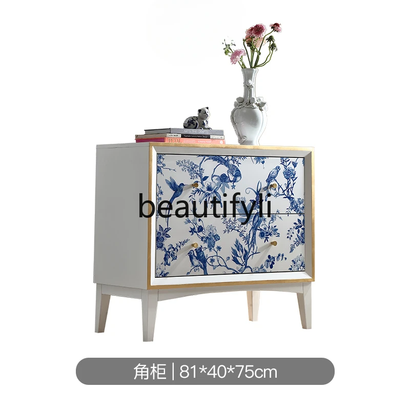 Blue and white porcelain solid wood French antique multi-purpose entrance cabinet storage storage decorative small chest