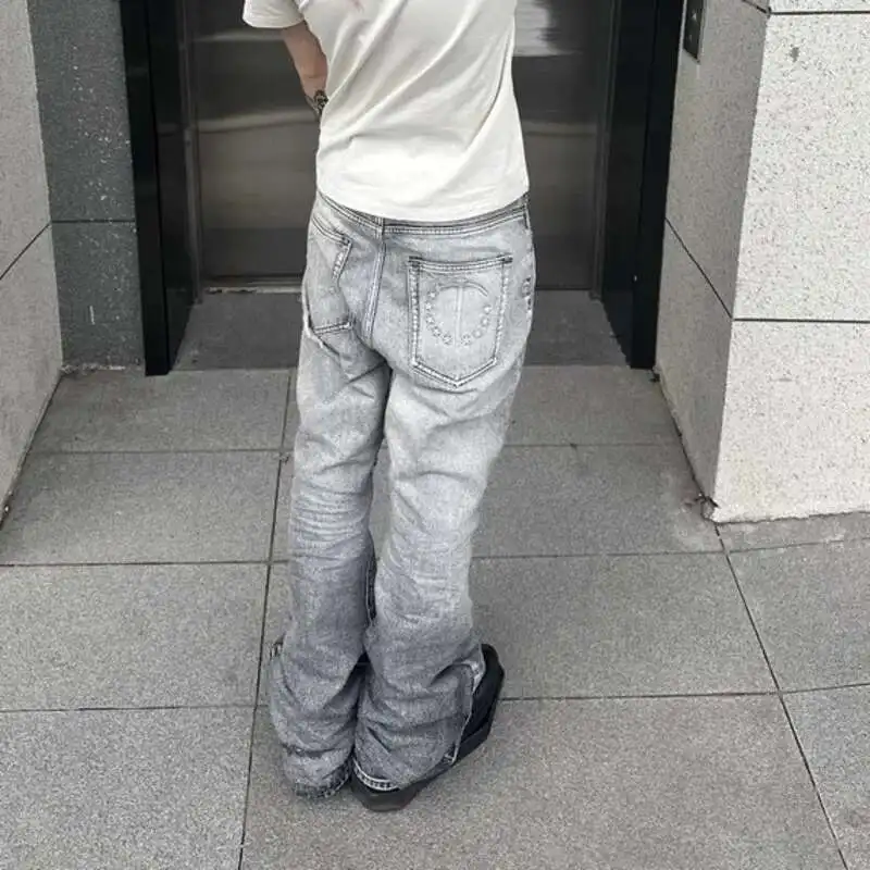 HKSH 2025 Spring New Men Tide Punk Denim Pants White Grey Gypsum Washed Holes High Street Chic Elegant Handsome Ins Jeans HK4560