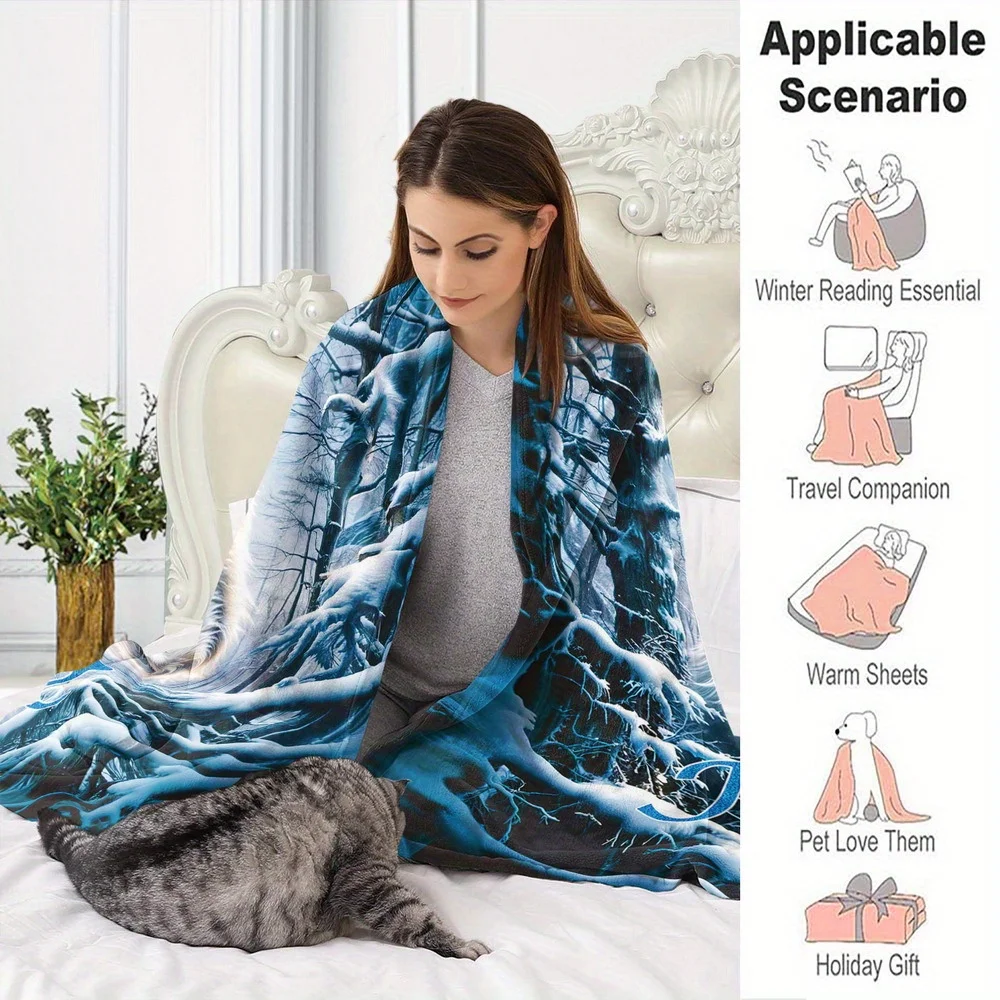 1 بطانية مخصصة تحت عنوان الذئب مع اسم شخصي، مادة الفانيلا الناعمة، تصميم الغابات الشتوية، القمر ورقاقات الثلج #4