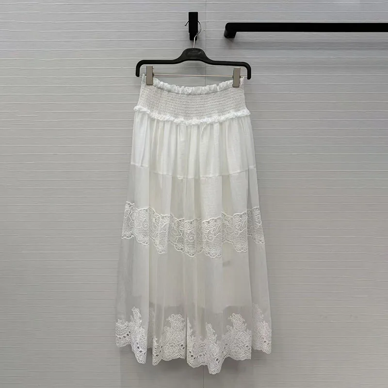 

Women's Water Soluble Lace Embroidered Skirt, Silk Linen Maxi Skirt, Fashion Elegant Elastic Waist A-Line Skirt, 2026, New, y2k
