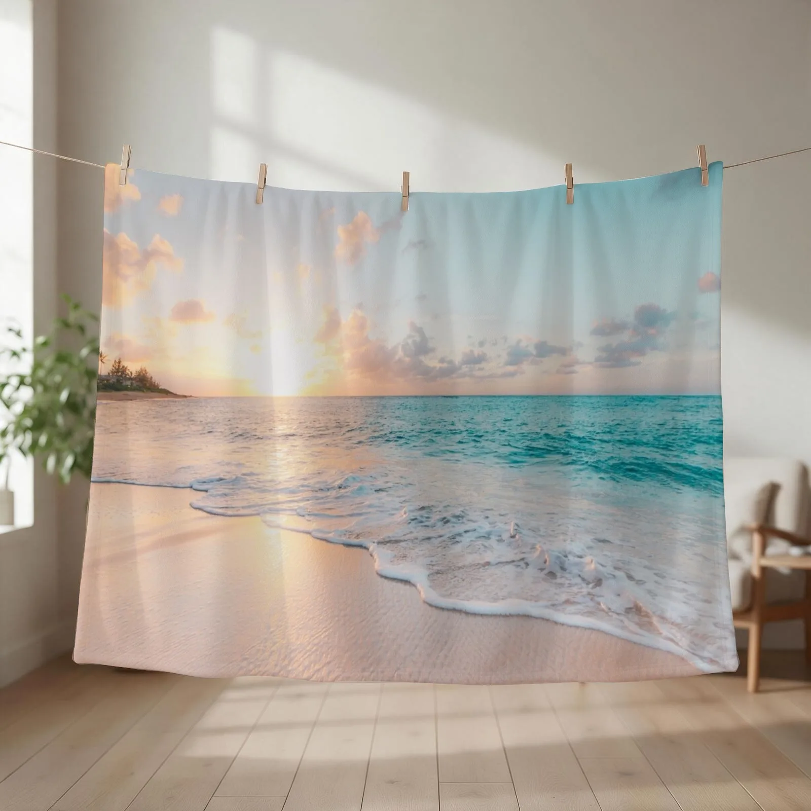 Ocean Blue Shore Sunset Throw Blanket couch cozy soft plush fuzzy picnic outdoor blanket