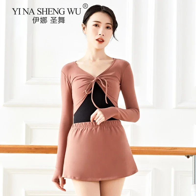 Adult Ballet Dance Dress Female Long Sleeve Gymnastic Clothing With Ballet Classical Dance Dress Black Skirt Side Split 5 Colors