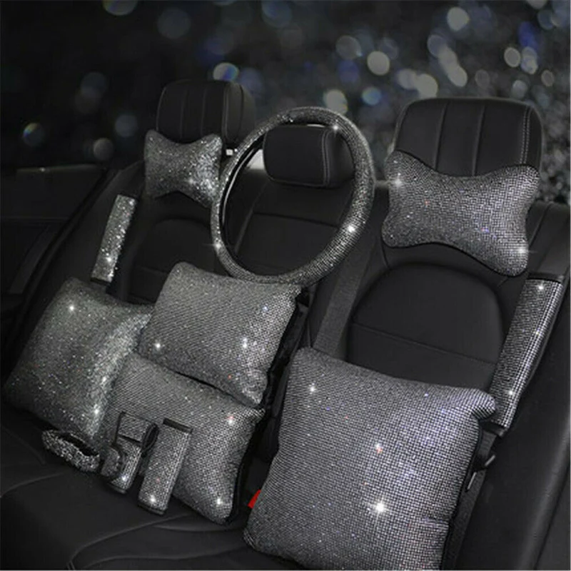 Universal Car Steering Wheel Cover Shiny Rhinestone Diamond Auto Accessories Interior Set Car Pillow/ Headrest/Handbrake Cover