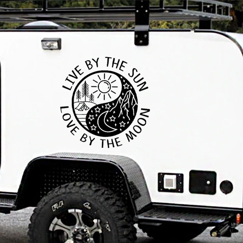 Wędrówki Camping Góry Winylowa naklejka ścienna Live By The Sun Naklejki Yin Yang Love By The Moon Winylowa naklejka Camper Van Laptop Decor