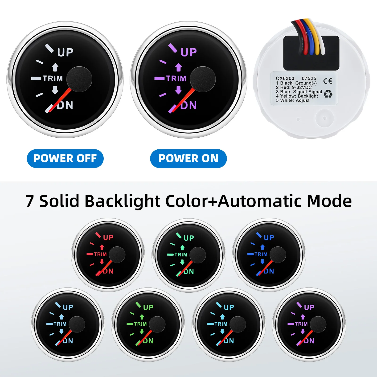 52mm Trim Gauge 0-190ohm Trim Gauge Sensor With 7 Color Backlight Curved Glass For 12V 24V Car Boat Marine Up-Down Trim Meter