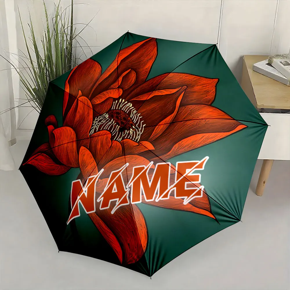 Custom Name Umbrella, Red Lotus Flower Design Umbrella with Green Background Folding Umbrella for Sunny and Rainy,Gift