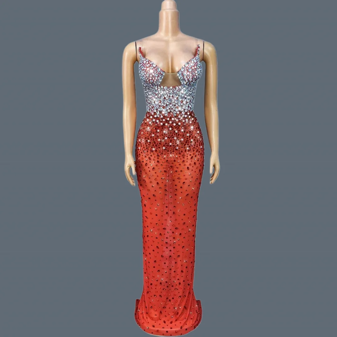 

Sparkly Crystals Slip Long Dress Women Sexy Mesh See Through Evening Gown Prom Birthday Luxury Dress Photo Shoot Wear Hongyouzi