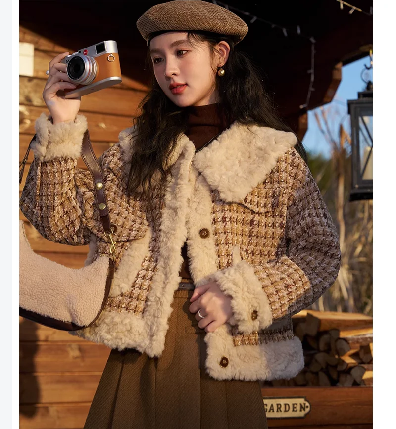 

Qianniao grid lamb wool collar short jacket autumn and winter high-end versatile cotton jacket