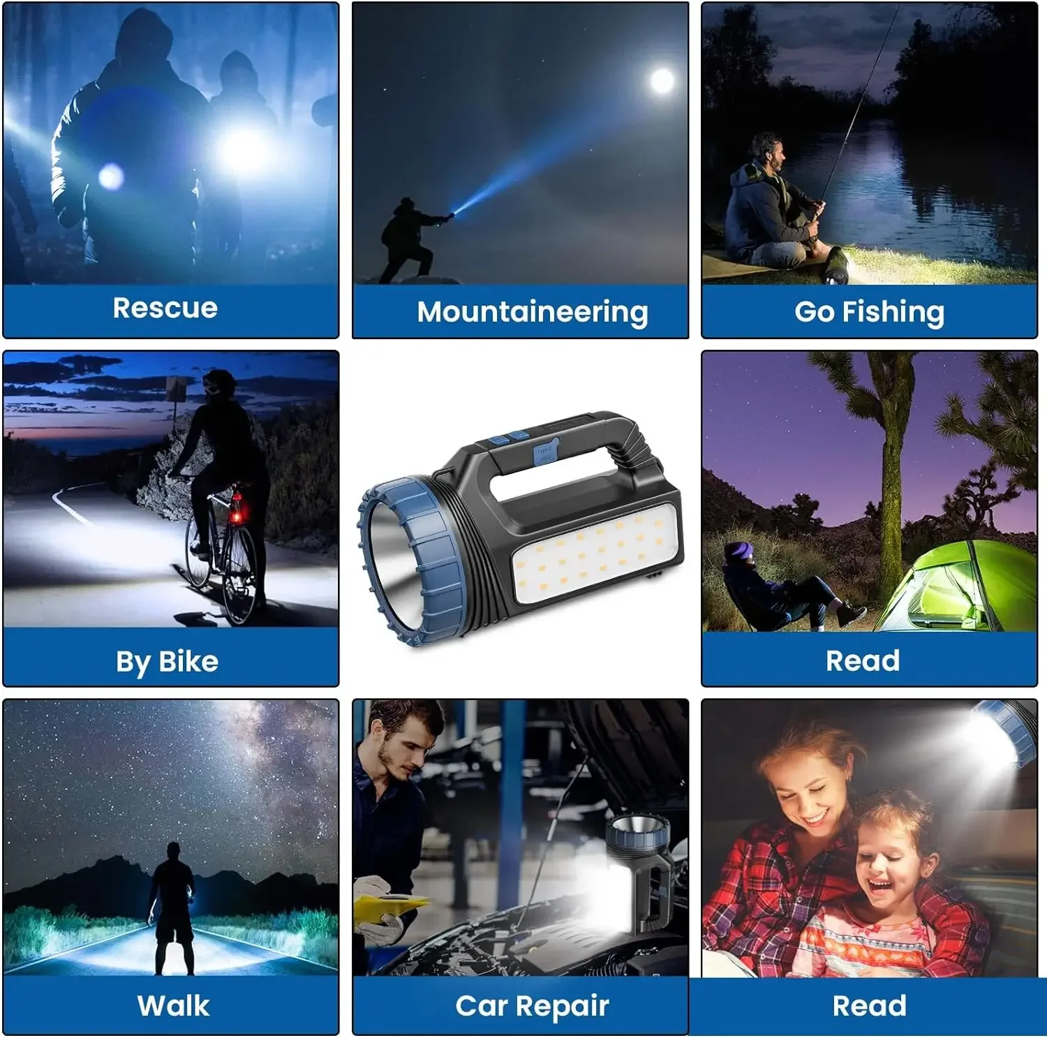 Portable Solar+USB LED Searchlight Rechargeable Camping Lantern Outdoor Power Bank Work Light Emergency Flashlight with Strap