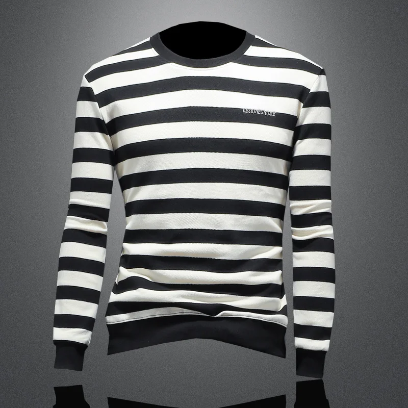 Autumn Winter Stylish Casual 2023 Men's Contrast Round Neck Striped Sweater Trendy Elegant Design Top Male Shirt Clothes