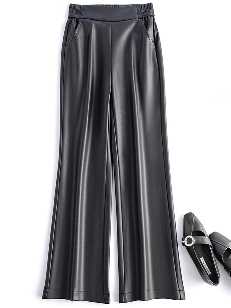 Women's elastic high waisted flared pants solid color fashionable and versatile 2025 autumn new versatile leather pants