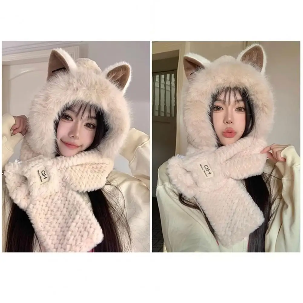 Fox Ear Hat Ultra-thick Windproof Plush Beanie Hat with Fox Ear Design Super Soft Scarf Fashion Winter Headwear for Women Warm