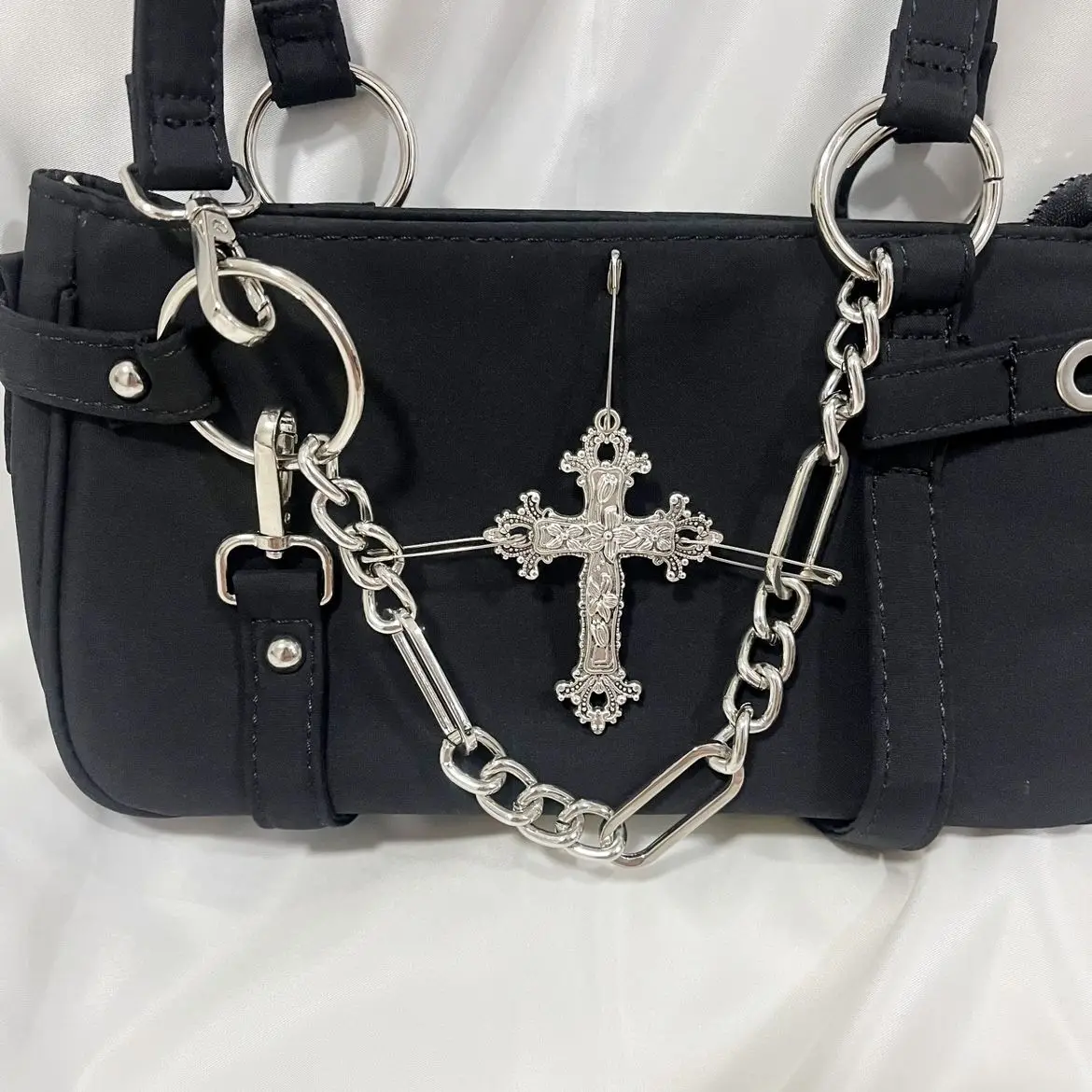 JIAERDI Gothic Cross Y2k Bag Women Vintage Grunge Punk Chain Casual Shoulder Bag Female Retro Moto Biker Black Handbag Aesthetic