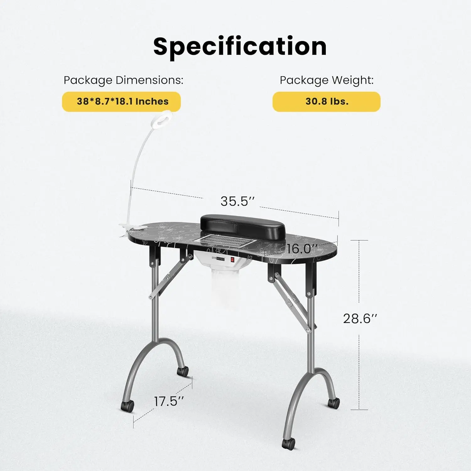Portable Manicure Nail Table on Wheels with Built-in Dust Collector Updated USB-Plug LED Table Lamp for Nails Salon  Workstation