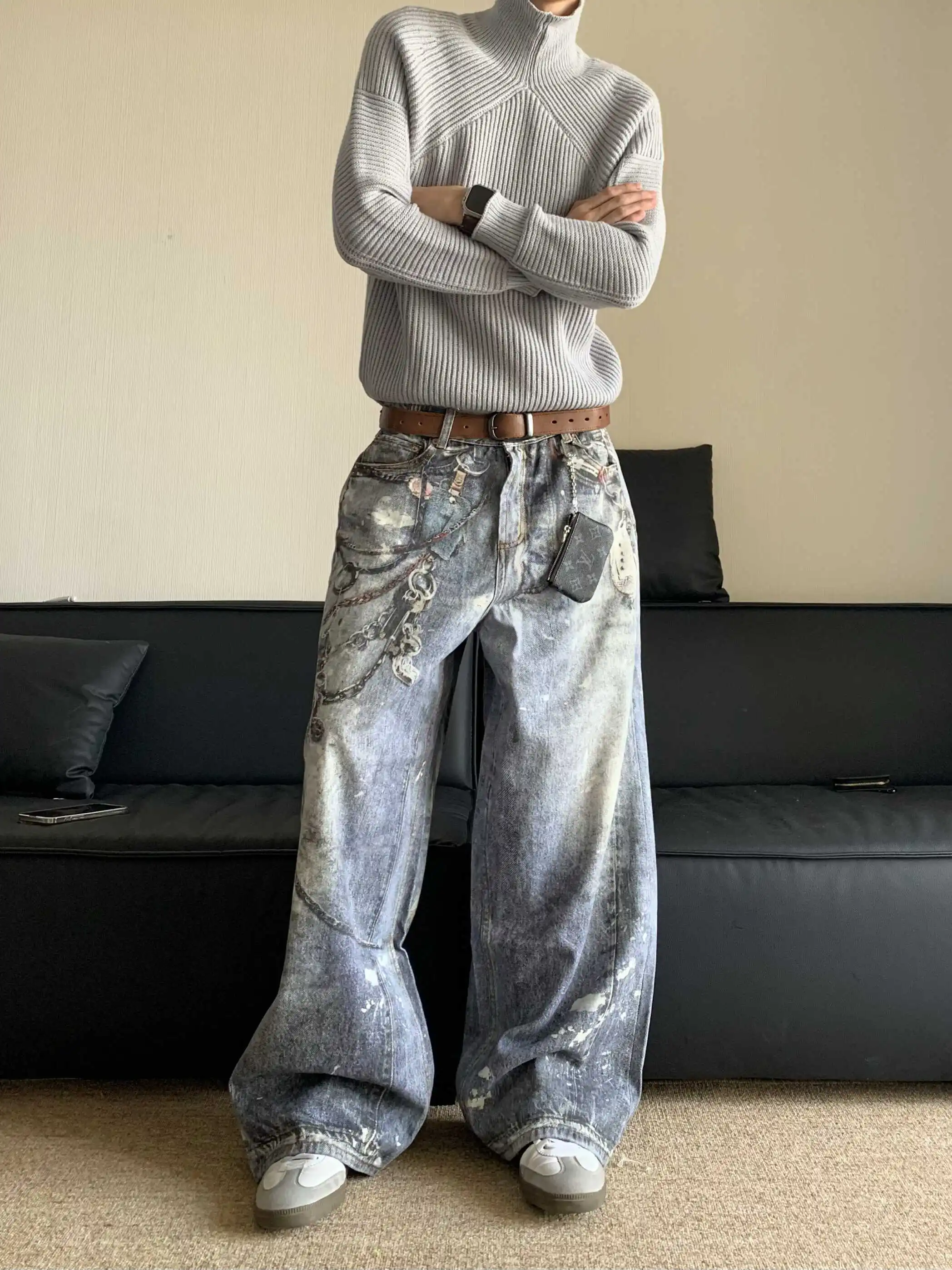 جينز ريترو أمريكي هاي ستريت ثلاثي الأبعاد مطبوع رقمي جينز فضفاض للنساء Sle تلاشى صبغ متشثر فضفاض مستقيم الساق جينز