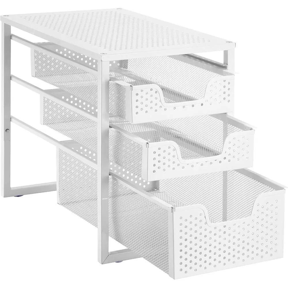 

3-Tier Under Sink Cabinet Organizer with Sliding Storage, Desktop Organizer, Kitchen Bathroom Office, Stackable, White