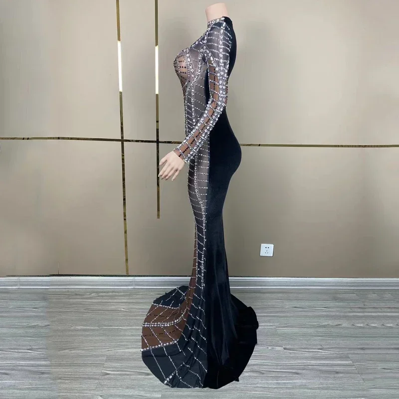 Sparkly Schwarz Samt Strass Abendkleider Frauen Party Feiern Kleid Hochzeit Kostüm Bühne Leistung Outfit XS7454