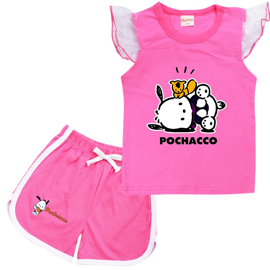 Fashion Summer Girls Baby Clothing Pochacco T shirt Set Short Sleeve Children Casual Cartoon Print Tops+Shorts Set