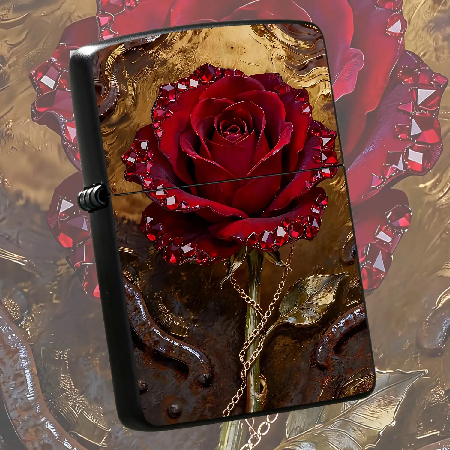 Vintage Luxury Ruby Rose Lighter, Exquisite Inlaid Ruby Edges Deep Red Rose Design, Gilded Textured Artistic Background, Elegant Unique Stylish Decorative Accessory, Perfect For Daily Carry, All Occasions Gifting And Pe A Humorous And Inter