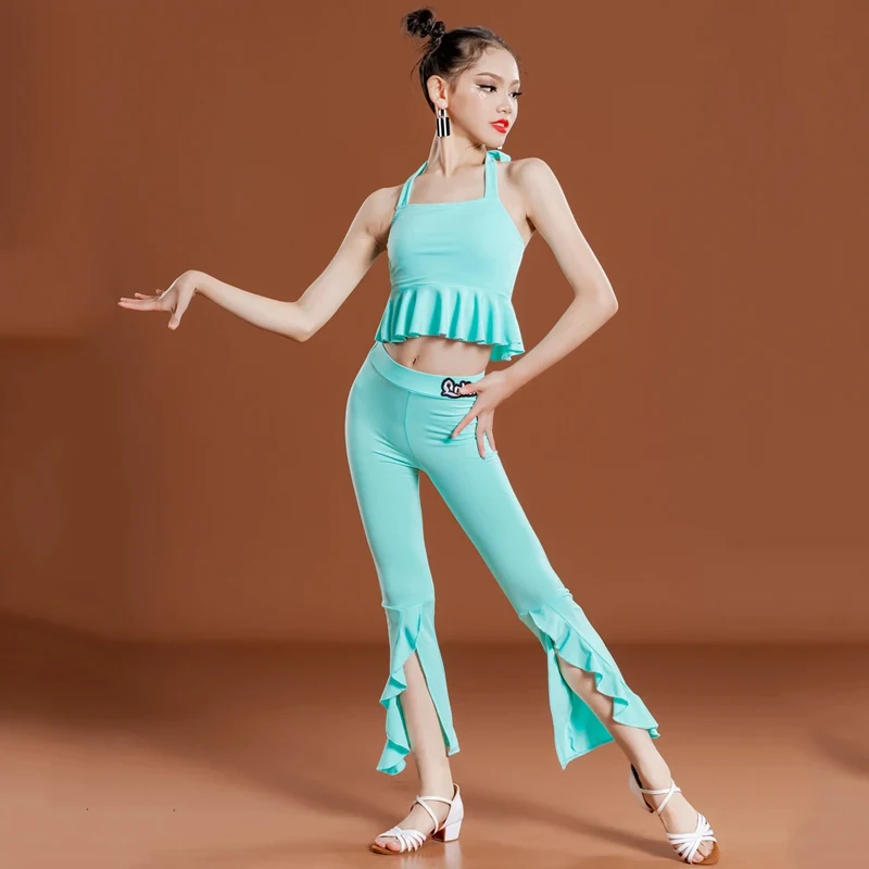 

Mint Green Latin Dance Clothes For Girls Tango Ballroom Practice Wear Tops Pants Children Samba ChaCha Performance Wear DL10015