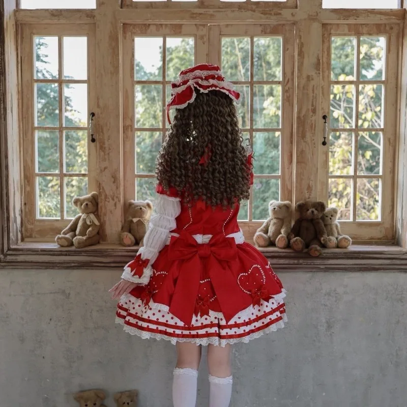 Strawberry Sweet Lolita OP Dress Red Heart Embroidery Multi Lace Ruffle Big Bow Decor Kawaii Princess Harajuku Costume with Hat