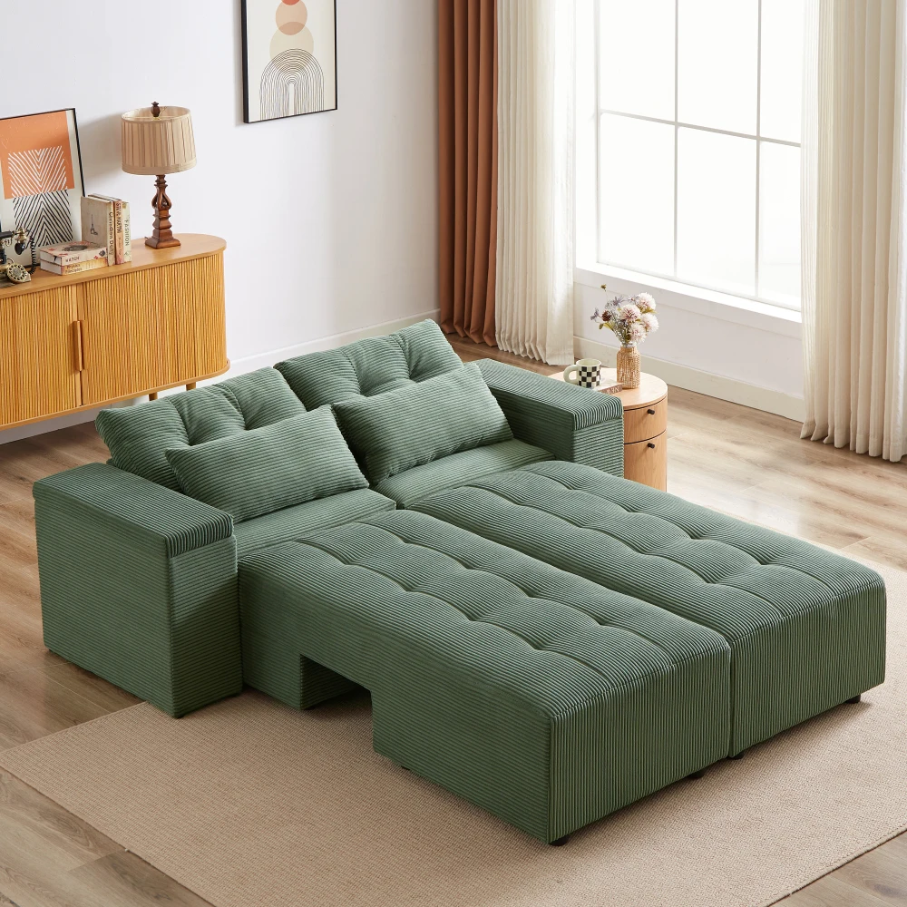 Convertible 3 in 1 Sleeper Sofa and Sectional Sofa with 4 Storage Space for Living Room, Corduroy Couch with 4 Pillows, Corduroy