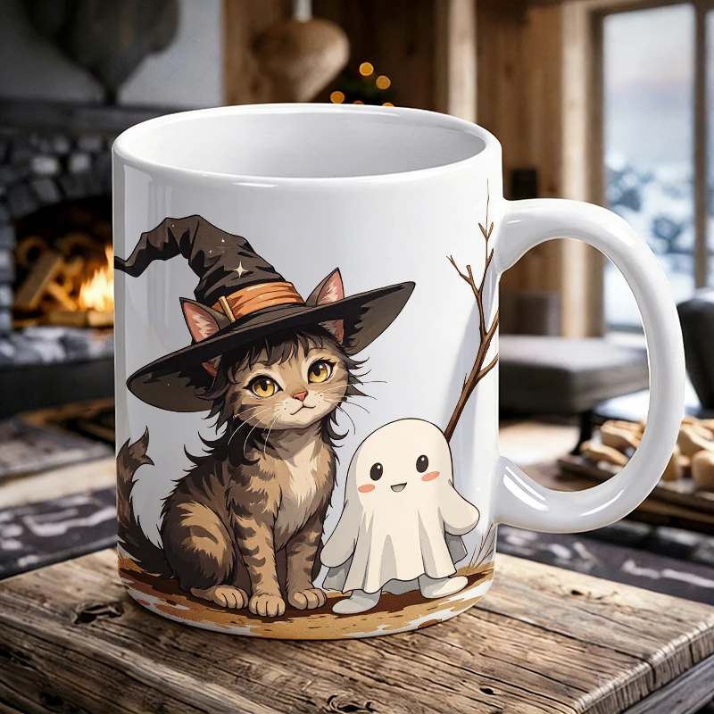 

1PCS Witch Cat and Little Ghost Ceramic Cup, Coffee Cup, Milk Cup, Office Tea Cup, Drinking Cup, Fade-Resistant,Gift for Friends