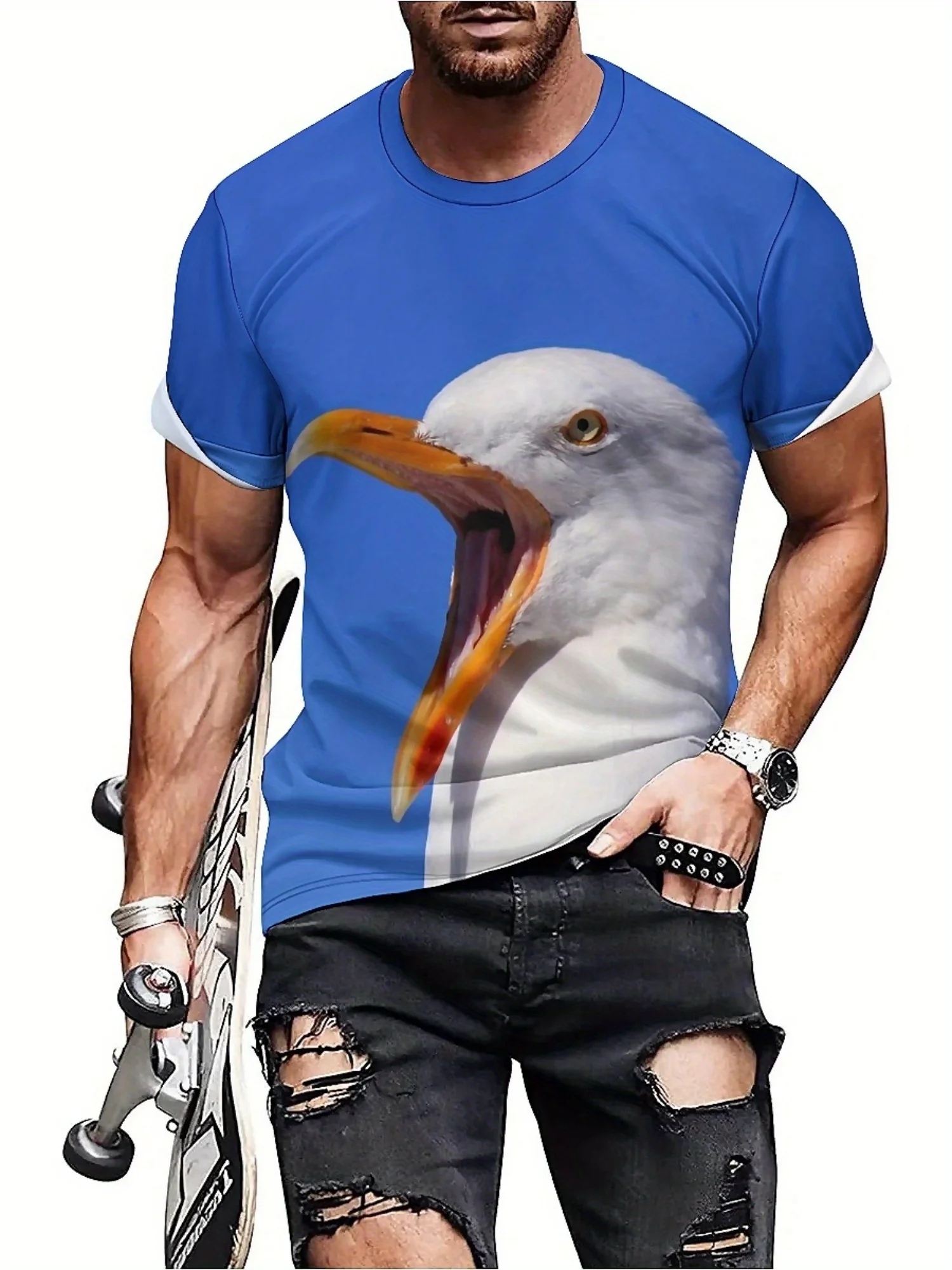 Men's 3D Bird Print T-Shirt - Short Sleeve, Breathable & Stretchy Casual Street Art Design for Gym, Party & Casual Attire,